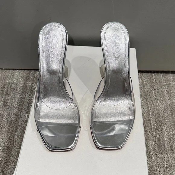 Amina Muaddi Lupita glass clear slipper plexi Silver pvc leather Heels - Picture 3 of 8